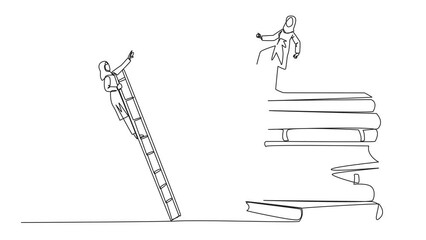 Poster - animation of continuous one line drawing arab businesswoman kicks opponent who climbs pile of books 