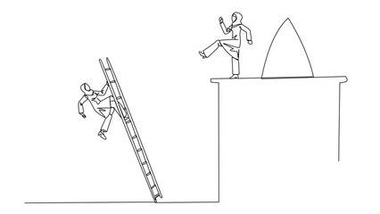 Poster - Animated self drawing of continuous one line drawing Arab businesswoman kicks opponent who climbs rocket with ladder. Failure to open new business. Traitor. Full length single line animation