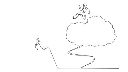 Wall Mural - Animated self drawing of continuous line drawing Arabian businesswoman kicks rival who climbs cloud with ladder. Achievement in business. Bring down competitors. Full length single line animation