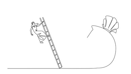 Poster - Animation of single continuous line drawing Arab businessman kicks opponent who climbs the money bag with a ladder. Cheated by a business partner. Unprofitable business. Rival. Full length motion