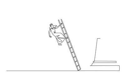 Poster - Animated self drawing of one line drawing Arab businessman kicks rival who climbs the chess rook with ladder. Wrong move and strategy. Plan leaked by colleague. Full length single line animation