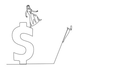 Poster - Animated self drawing of one line drawing Arab businessman kicks rival who is climbing a dollar symbol with ladder. Competition. Using rough methods to bring down. Full length single line animation