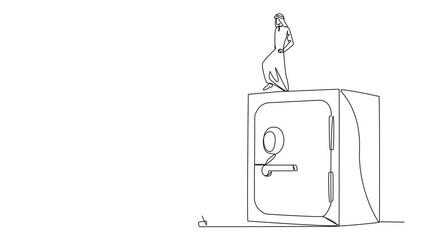 Poster - Animation of single one line drawing Arab businessman kicks opponent who is climbs safe deposit box with ladder. Dropped roughly. Unable to save important files. Rival. Full length motion