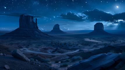 Wall Mural - beautiful landscape photo Beautiful classic panoramic view of Monument Valley with the famous Mittens and Merrick Butte illuminated by beautiful mystical moonlight on a starry summer night, 
