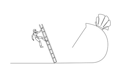 Poster - Self drawing animation of single one line drawing businesswoman kicks opponent who climbing money bag with a ladder. Cheated by a business partner. Unprofitable business. Rival. Full length animated
