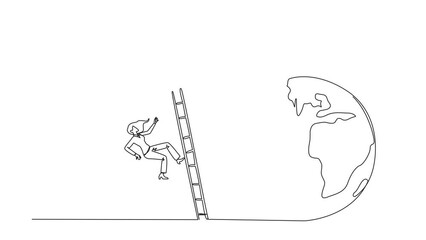 Poster - animation of single continuous line drawing businesswoman kicks opponent who is climbing the globe w