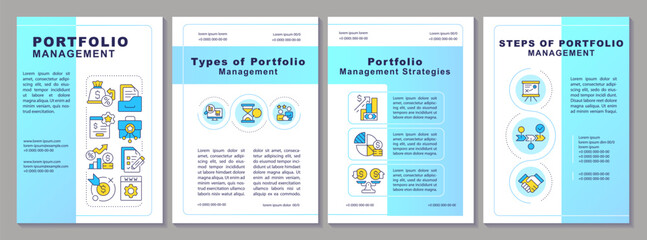 Portfolio management types brochure template. Leaflet design with linear icons. Editable 4 vector layouts for presentation, annual reports. Arial-Black, Myriad Pro-Regular fonts used