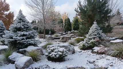 Tranquil winter garden covered in a light dusting of snow, showcasing evergreen shrubs amidst a peaceful, frosty landscape