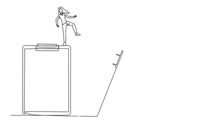 Poster - Self drawing animation of single continuous line drawing businesswoman kicks opponent who is climbing a big clipboard with a ladder. The bully will ruin the daily report. Full length animated