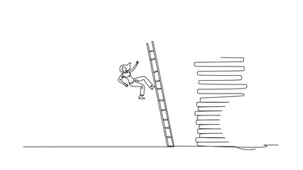 Poster - Animated self drawing of continuous one line drawing businesswoman kicks opponent who climbs pile of coins with ladder. Forgetting comrades in arms. The traitor. Full length single line animation