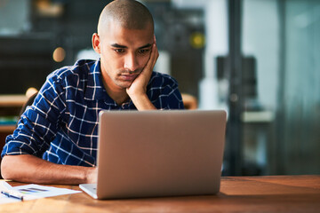 Aufkleber - Business man, bored and tired on computer for decision, solution or problem solving in office at night. Sad and serious accountant with fatigue or stress reading online report on laptop at startup