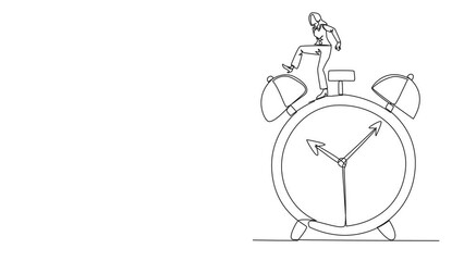 Poster - Self drawing animation of single continuous line drawing businesswoman kicks opponent who climbs the alarm clock with ladder. No need for colleagues to complete many deadlines. Full length animated