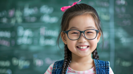 Portrait of an Asian schoolgirl with glasses with blackboard background with copy space, back to school concept. 