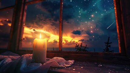 Wall Mural - a candle flickering in a cozy cabin, with pulsating heartbeat clouds and a biological sky in the background