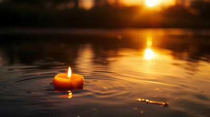 Wall Mural -  A candle floating on a dark river, High-magnification with bokeh, which sparkles in the evening sun, this portrayal illustrates restfulness and charm, a glowing ember speeds through the twilight