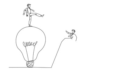 Poster - Animation of single one line drawing businessman kicks opponent who climbing the lightbulb with a ladder. Dropping colleague because don't have bright ideas. Traitor. Full length motion