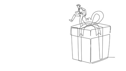 Poster - Animated self drawing of continuous one line drawing businessman kicks opponent who is climbing the gift box with ladder. Competition to get rewards. Rival. Full length single line animation