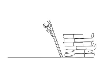 Wall Mural - Animated self drawing of continuous one line drawing businessman kicks opponent who is climbs pile of banknotes with ladder. Struggle but want to achieve big profit. Full length single line animation