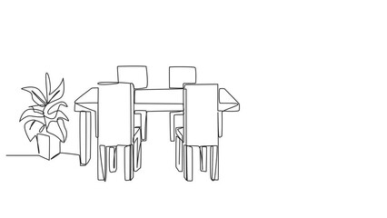 Poster - animation of single continuous line drawing stylish dining room with full furniture modern. vintage 