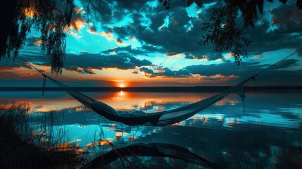  A hammock swaying in a summer breeze, with bioluminescent clouds and an underwater sky in the background, Sunset mirror on a lake, High-grade resolution, a burning light shoots through the ether