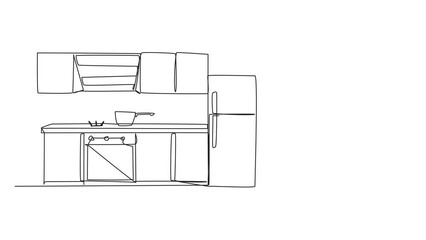 Wall Mural - Animated self drawing of continuous line drawing kitchen room has classic feel. The dining table in a row gives a minimalist impression. Semi-modern style kitchen. Full length single line animation