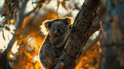 Wall Mural -  a koala dozes in the crook of a eucalyptus tree, Artistic macro with bokeh, Dusk reflection on a pond, Exceptionally high quality, a shooting light flashes across the heavens