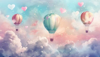  Whimsical sky filled with colorful hot air balloons and floating hearts. Dreamy clouds create a magical atmosphere in this enchanting scene.