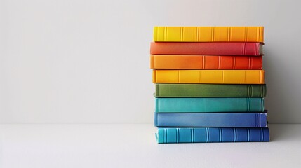 Poster - A vibrant stack of colorful books arranged neatly against a clean white background, with ample space on the right for your text.