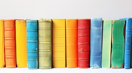 Poster - A vibrant stack of colorful books arranged neatly against a clean white background, with ample space on the right for your text.