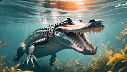 Wall Mural - Portrait of a scary alligator under water