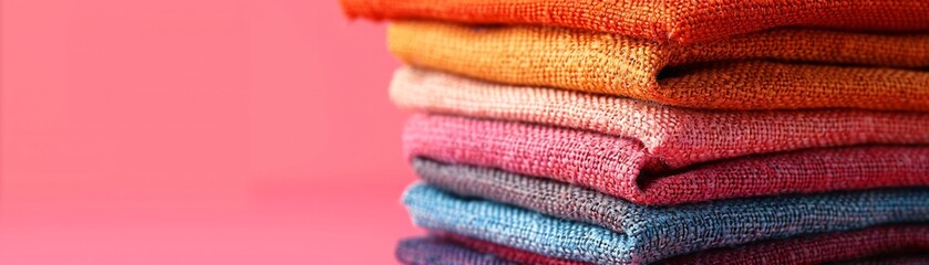 Poster - A stack of colorful fabric swatches layered on top of each other against a solid background, offering generous space on the right side for text.