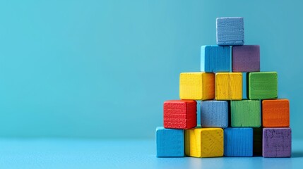 Poster - A pile of colorful building blocks stacked creatively on a plain surface, with open space on the left for text placement.