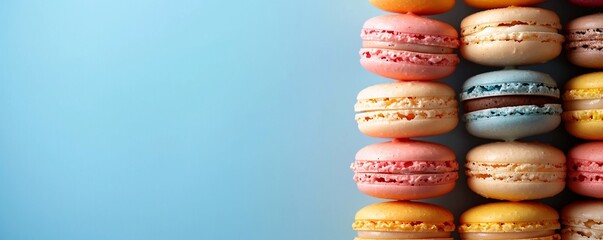 Poster - A column of colorful macarons stacked on a simple background, with space above and below for text.