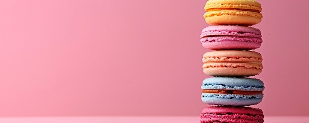 Poster - A column of colorful macarons stacked on a simple background, with space above and below for text.