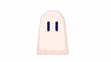 Poster - Small ghost floating line 2D character animation. Halloween party atmosphere flat color cartoon 4K video, alpha channel. Spooky spirit costume for party animated personage on white background