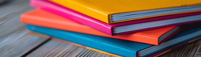 Poster - A pile of colorful notebooks stacked high against a neutral background, offering ample space on the left side for text.