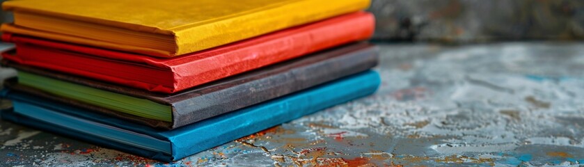 Poster - A pile of colorful notebooks stacked high against a neutral background, offering ample space on the left side for text.