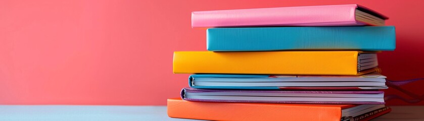 Poster - A pile of colorful notebooks stacked high against a neutral background, offering ample space on the left side for text.