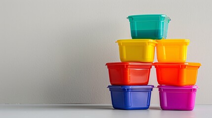 Poster - A stack of colorful plastic containers arranged in a tower on a plain surface, leaving plenty of room at the bottom for text.