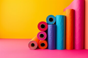 Poster - A vibrant stack of colorful wrapping paper rolls positioned against a blank backdrop, with space on the right for text.
