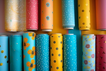 Poster - A vibrant stack of colorful wrapping paper rolls positioned against a blank backdrop, with space on the right for text.