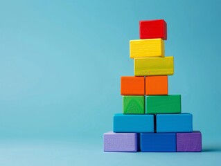Poster - a tower of colorful toy blocks stacked neatly on a minimal background, providing ample space at the 