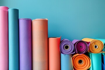 Poster - A vibrant stack of colorful wrapping paper rolls positioned against a blank backdrop, with space on the right for text.