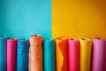Poster - A vibrant stack of colorful wrapping paper rolls positioned against a blank backdrop, with space on the right for text.