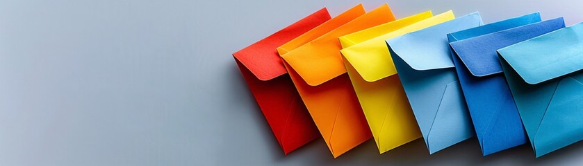 Poster - A neat stack of colorful envelopes fanned out against a plain surface, offering space on the right side for text.