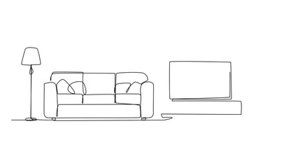 Poster - Animation of continuous one line drawing stylish family room with full furniture modern. Modern minimalist. Equipped with floor lamp for lighting needs and a television. Full length motion