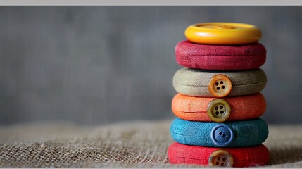 Poster - A stack of colorful buttons piled high on a neutral background, with ample space above for text.