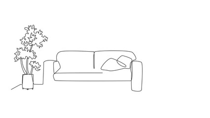 Wall Mural - Self drawing animation of single one line drawing stylish room with full furniture modern. Comfortable sofa for the living room. Honoring guests. Clean and clear. Minimalist. Full length animated