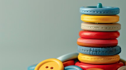 Poster - A stack of colorful buttons piled high on a neutral background, with ample space above for text.