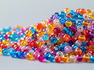 Poster - A pile of colorful beads stacked creatively on a plain surface, providing ample space on the left for text.